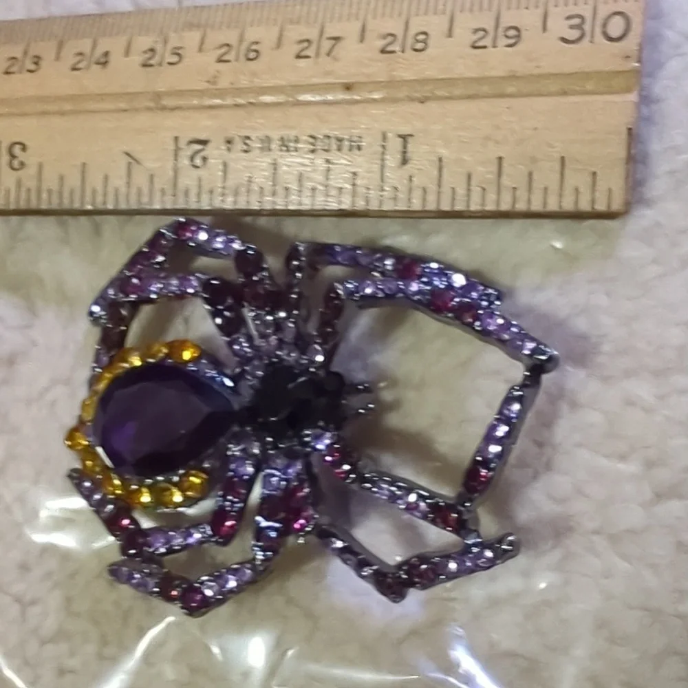 Elegant Jeweled Spider Rhinestone Brooch Purple & Gold Stones Vintage